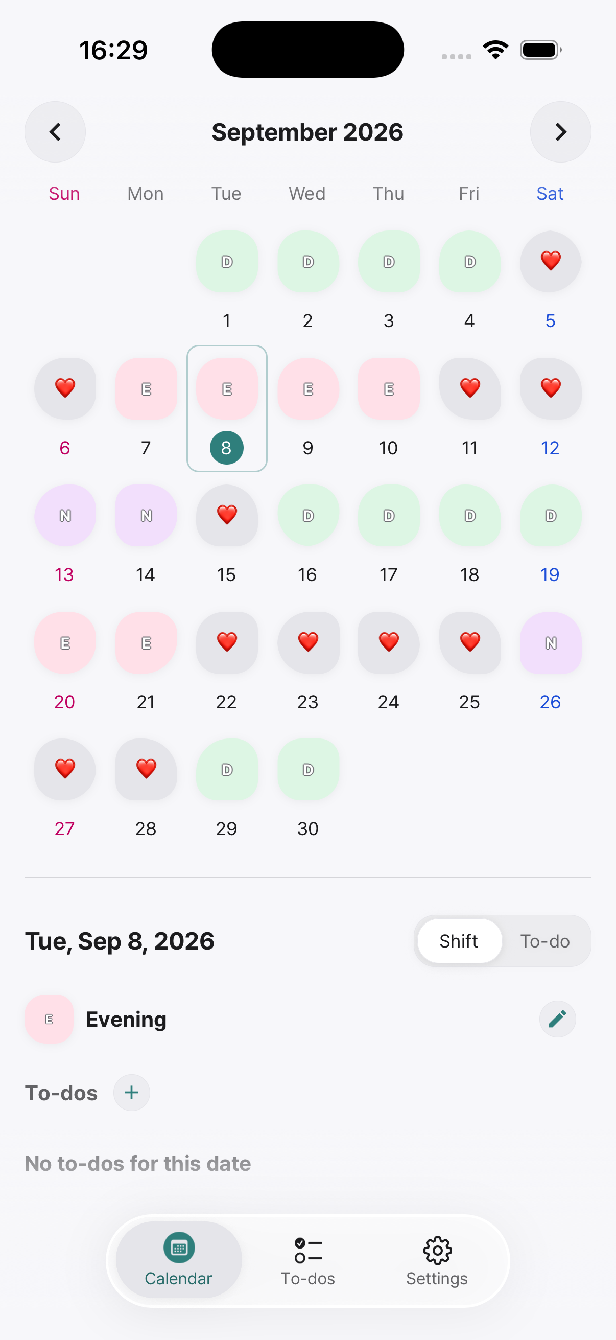 Ulty calendar with color-coded work shifts