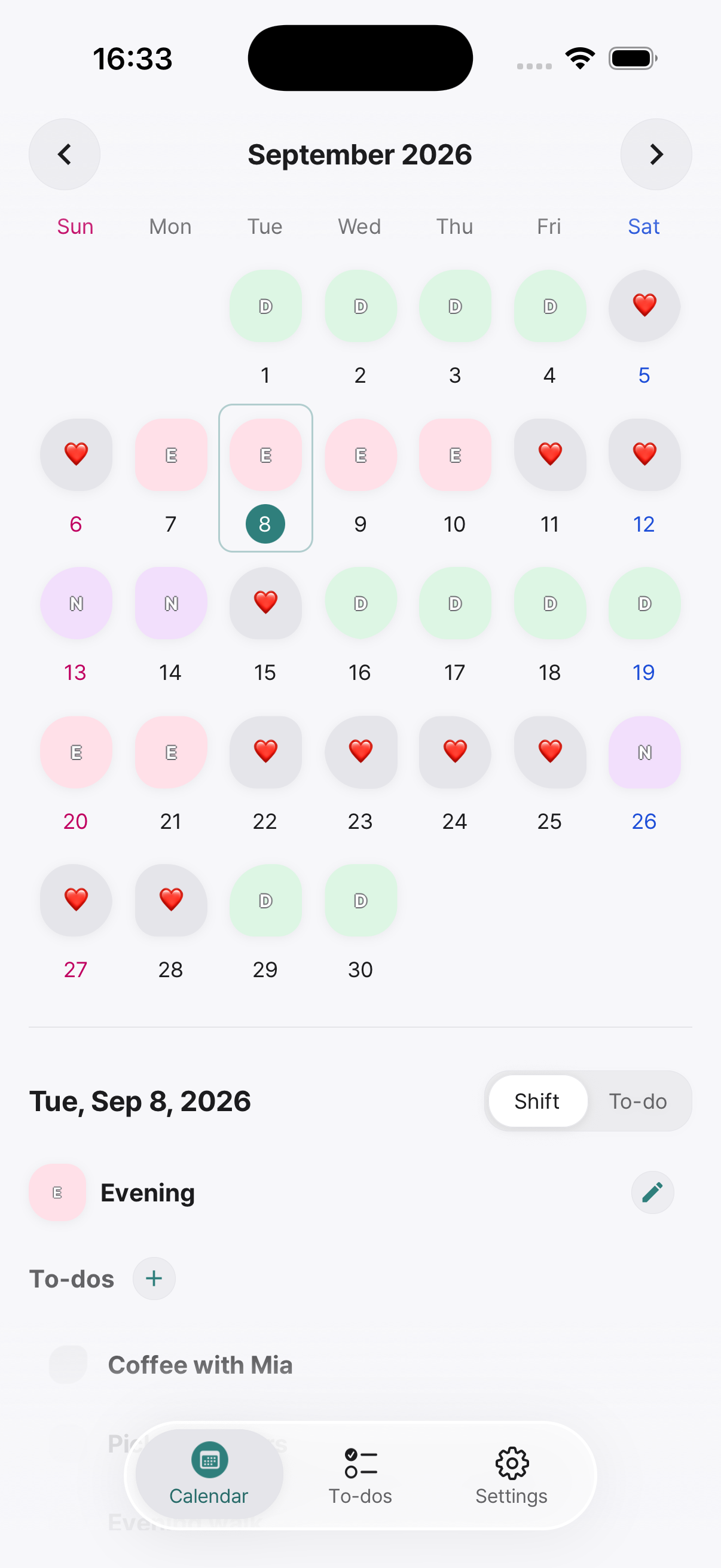Ulty calendar with September shifts and daily to-dos